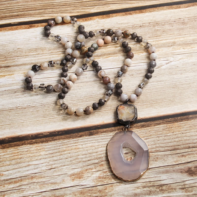 Olivenorma 8mm Beaded Bohemian Style Agate Pendant Necklace