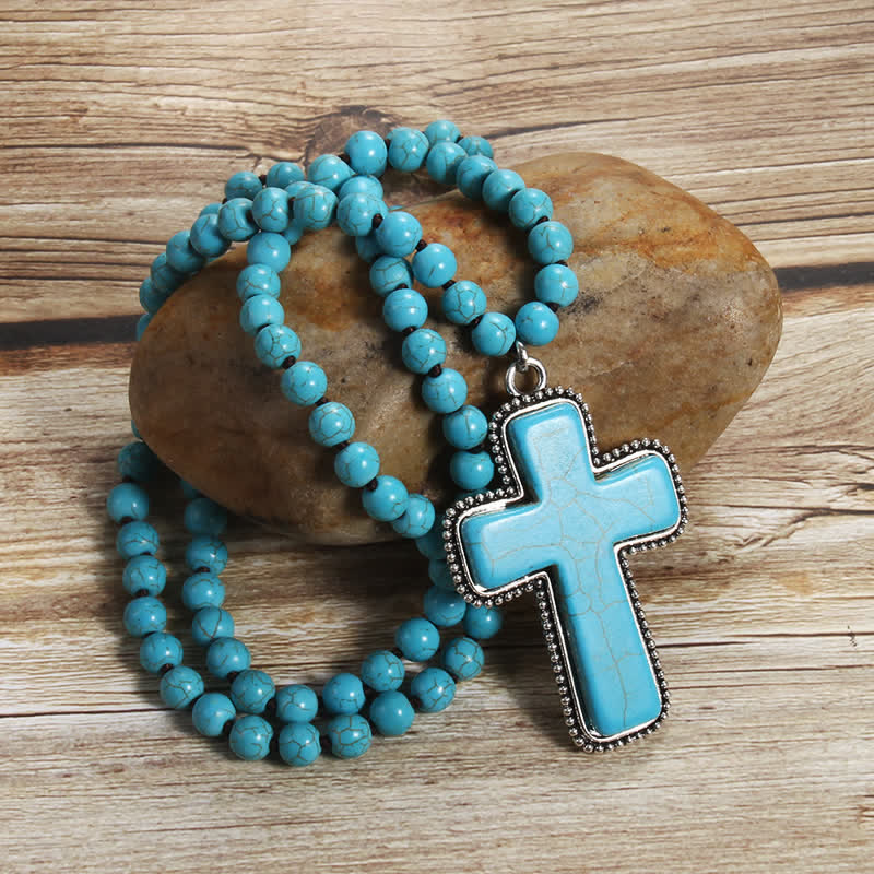 Olivenorma 8mm Blue White Turquoise Cross Pendant Necklace