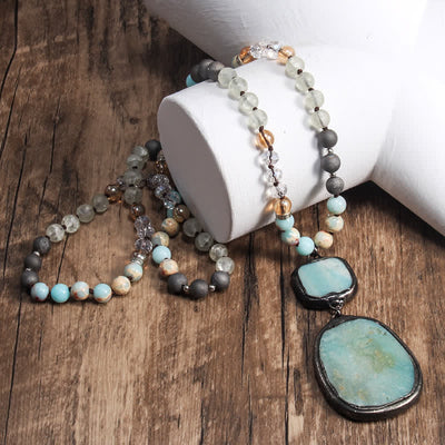 Olivenorma 8mm White Agate Turquoise Beads Pendant Necklace