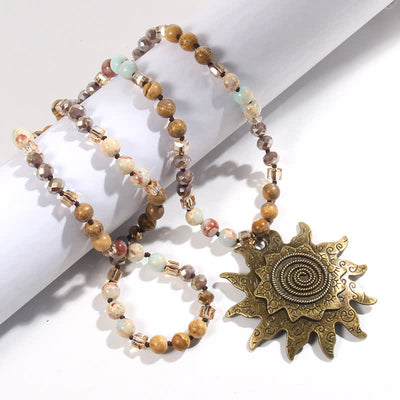 Olivenorma 8mm Natural Stone Beaded Sun Pendant Necklace