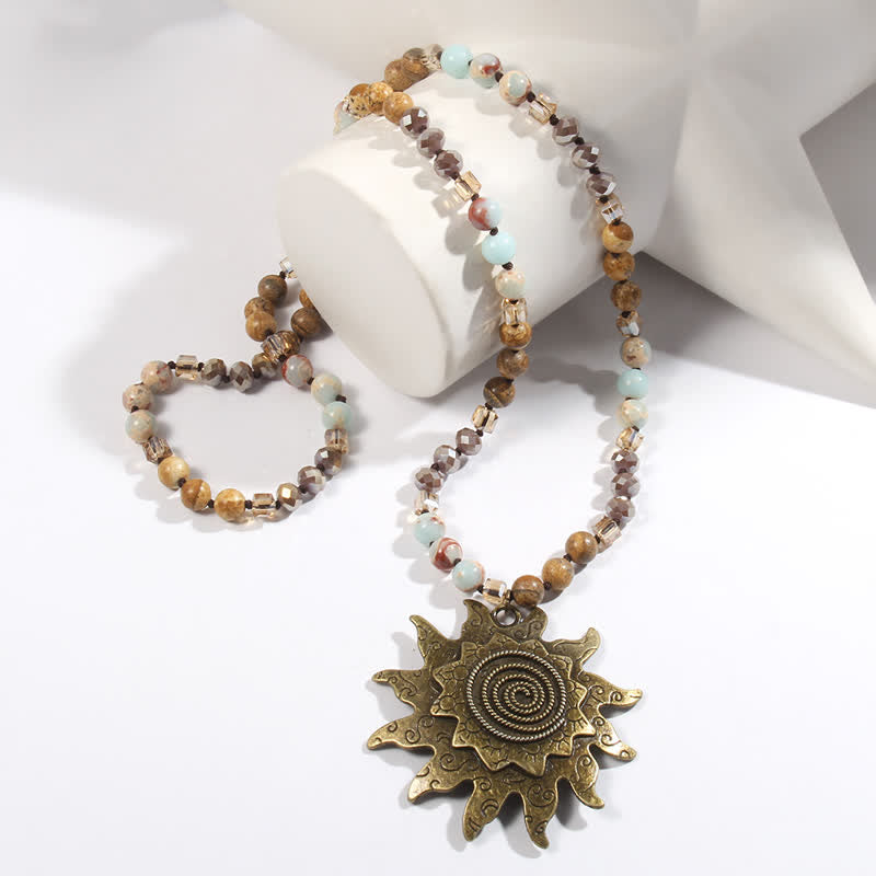 Olivenorma 8mm Natural Stone Beaded Sun Pendant Necklace