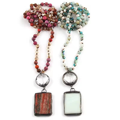 Olivenorma Natural Stone Beads Square Pendant Necklace