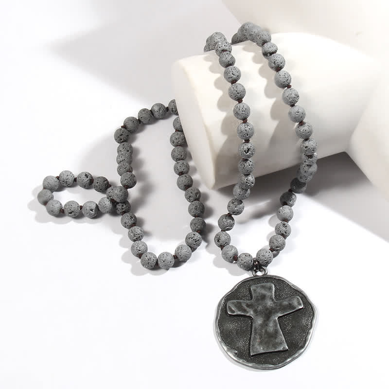 Olivenorma 8mm Labradorite Lava Stone Beads Cross Pendant Necklace