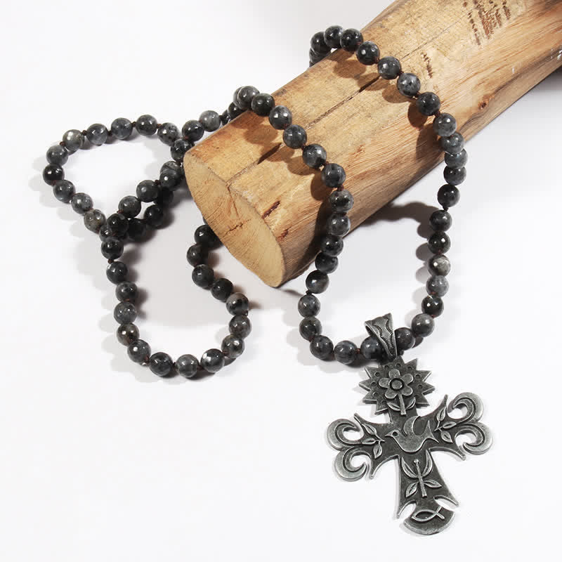 Olivenorma 8mm Labradorite Lava Stone Beads Cross Pendant Necklace