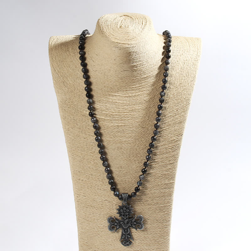 Olivenorma 8mm Labradorite Lava Stone Beads Cross Pendant Necklace