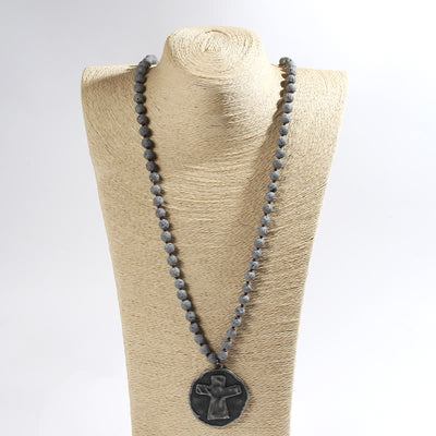 Olivenorma 8mm Labradorite Lava Stone Beads Cross Pendant Necklace