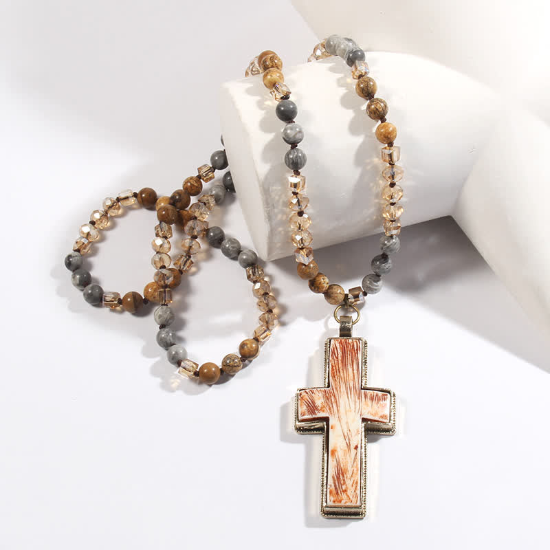 Olivenorma Natural Stone Beads Resin Cross Pendant Necklace