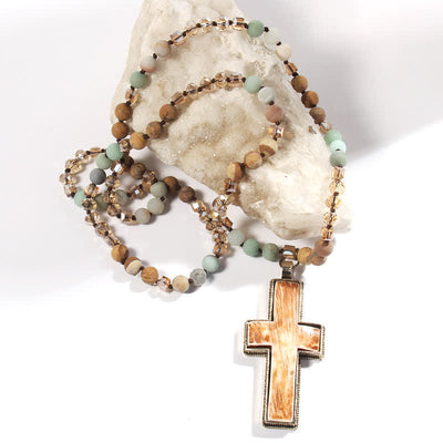 Olivenorma Natural Stone Beads Resin Cross Pendant Necklace