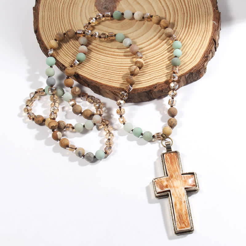 Olivenorma Natural Stone Beads Resin Cross Pendant Necklace