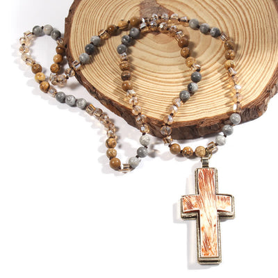 Olivenorma Natural Stone Beads Resin Cross Pendant Necklace