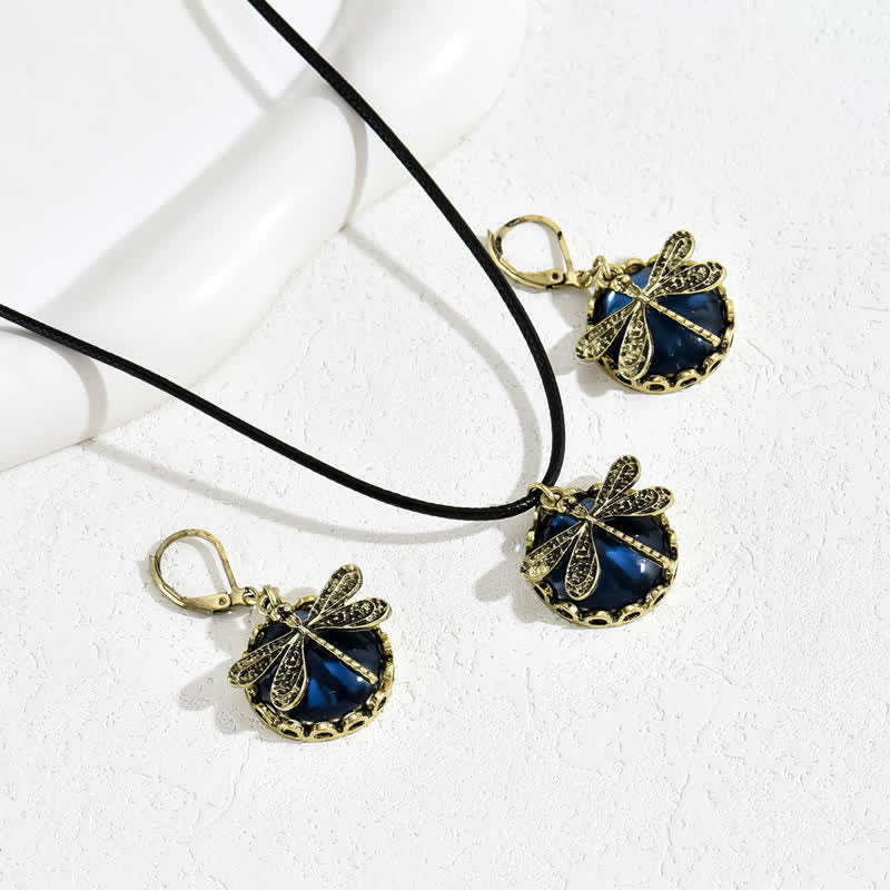 Olivenorma Inlaid Blue Topaz Dragonfly Pendant Jewelry Set