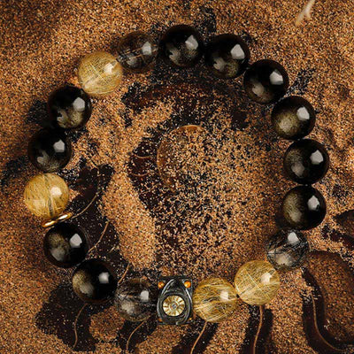 Olivenorma Obsidian Gold Rutilated Quartz Men's Beaded Bracelet