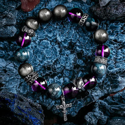 Olivenorma Amethyst Obsidian Blue Apatite Men's Beaded Bracelet