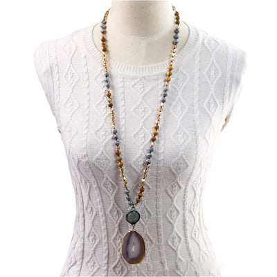 Olivenorma 8mm Beaded Bohemian Style Agate Pendant Necklace