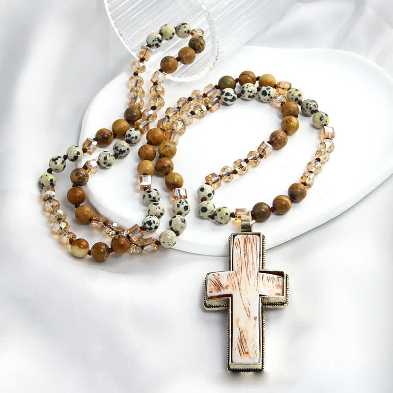 Olivenorma Natural Stone Beads Resin Cross Pendant Necklace