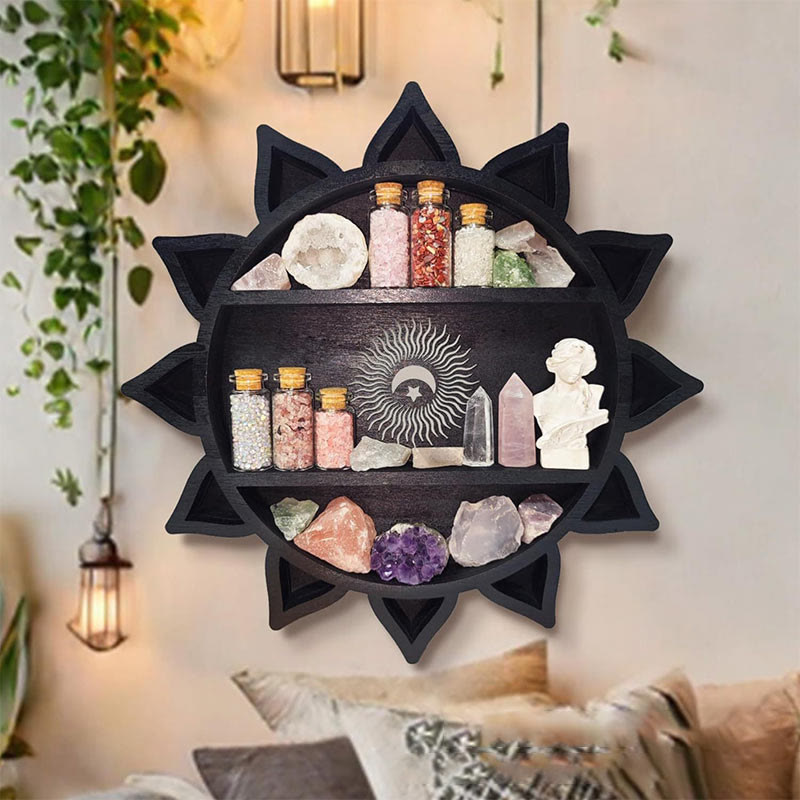 Olivenorma Wooden Lotus Flowers Crescent Floating Crystal Shelf