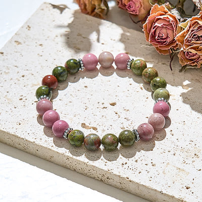 Olivenorma Natural Rhodonite Unakite Beads Bracelet