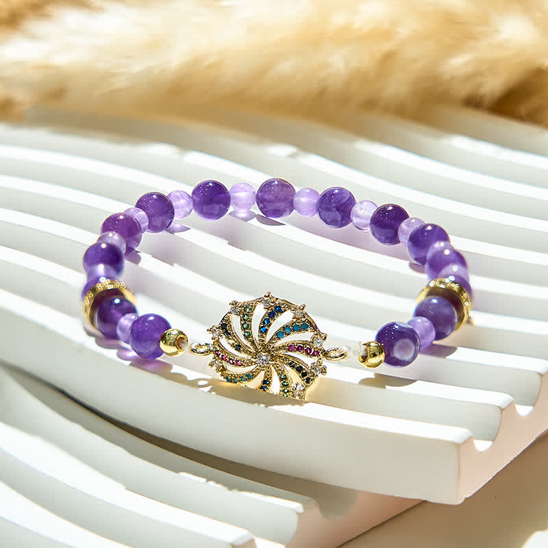 Olivenorma Amethyst Beads Colorful Zircon Metal Windmill Pendant Bracelet