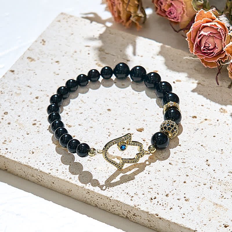 Olivenorma Natural Obsidian Beads Hamsa Pendant Bracelet