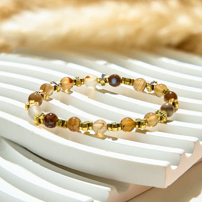 Olivenorma 6mm Natural Agate Golden Metal Cross Beads Bracelet