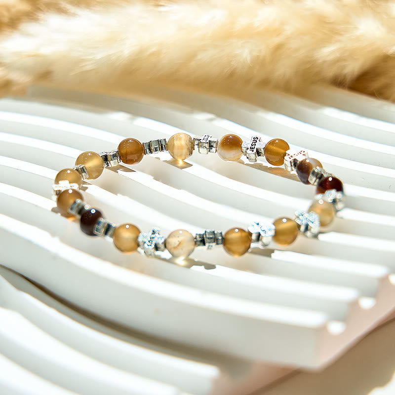 Olivenorma 6mm Natural Agate Silver Metal Cross Beads Bracelet