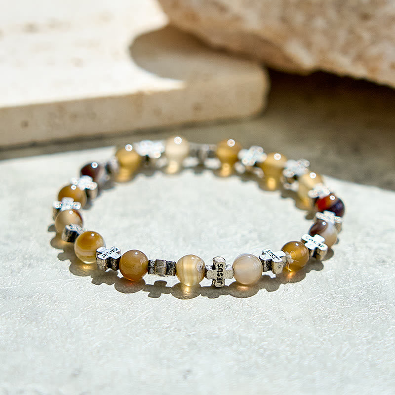 Olivenorma 6mm Natural Agate Metal Cross Beads Bracelet - image 3