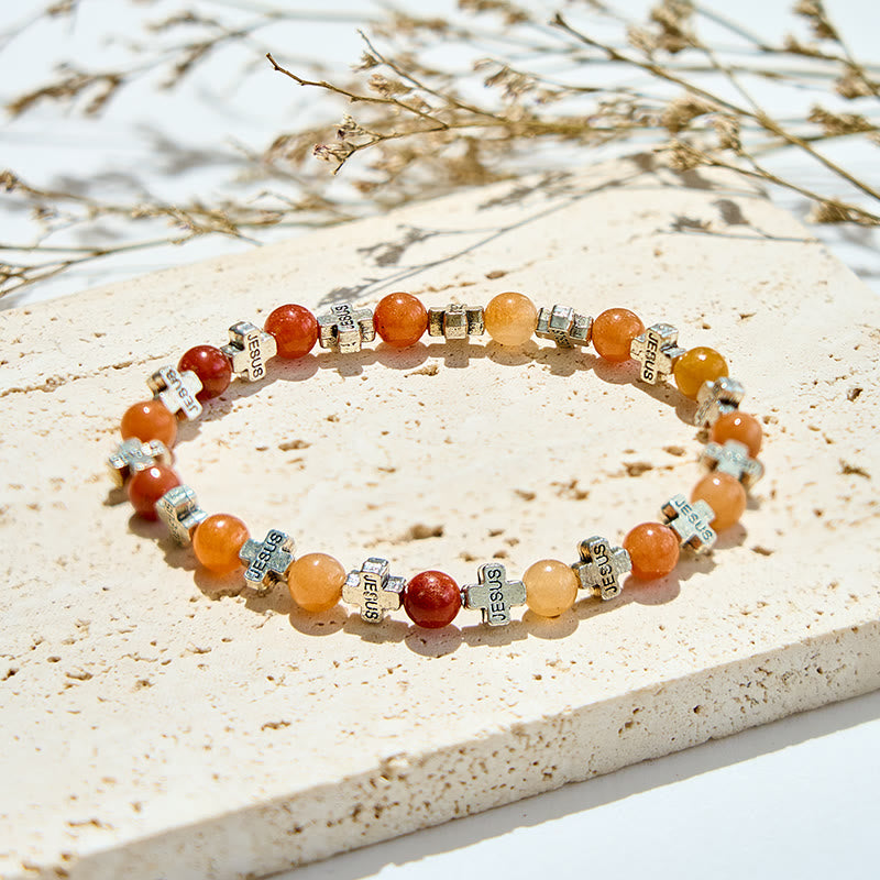 Olivenorma Sun Stone Sandstone Metal Cross Beads Bracelet - image 2