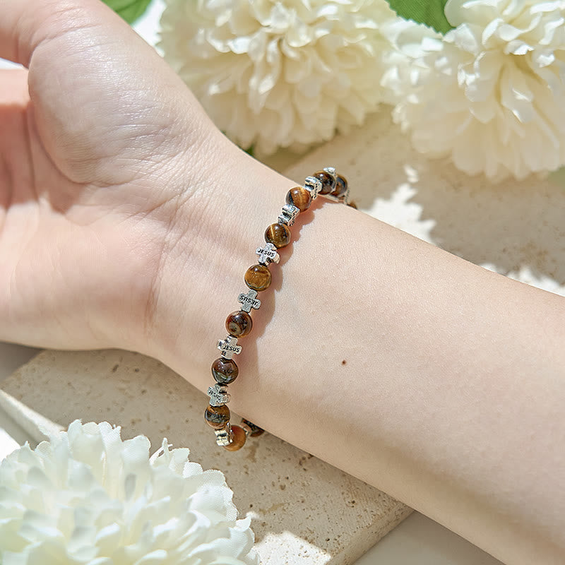 Olivenorma Natural Tiger Eye Silver Metal Cross Beads Bracelet