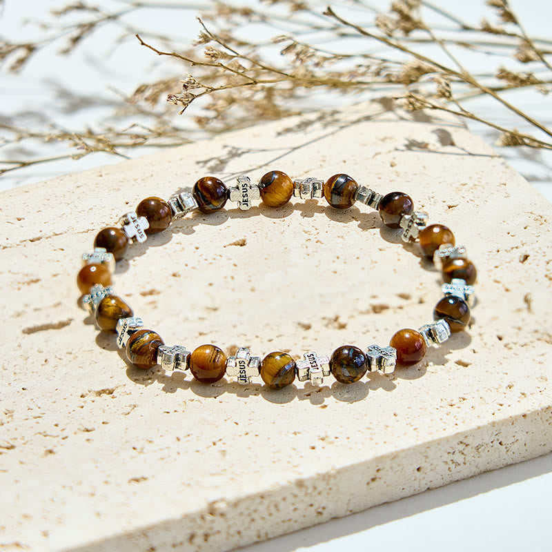 Olivenorma Natural Tiger Eye Silver Metal Cross Beads Bracelet