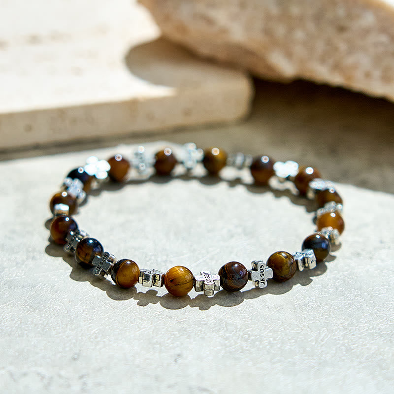 Olivenorma Natural Tiger Eye Metal Cross Beads Bracelet - image 2