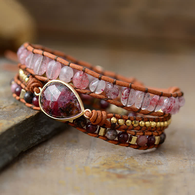 Olivenorma Natural Strawberry Quartz Rhodonite Wrap Bracelet