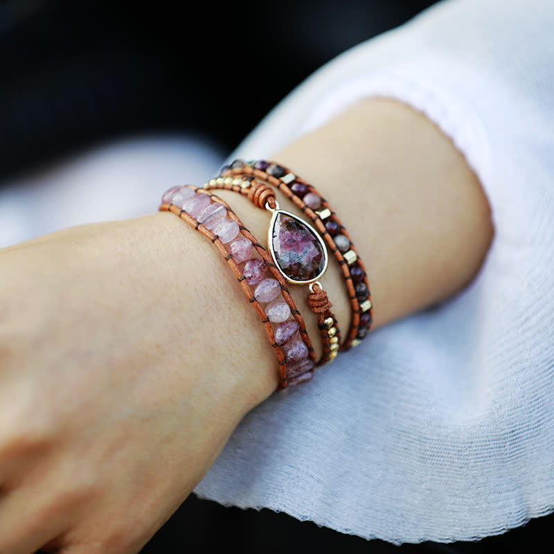 Olivenorma Natural Strawberry Quartz Rhodonite Wrap Bracelet