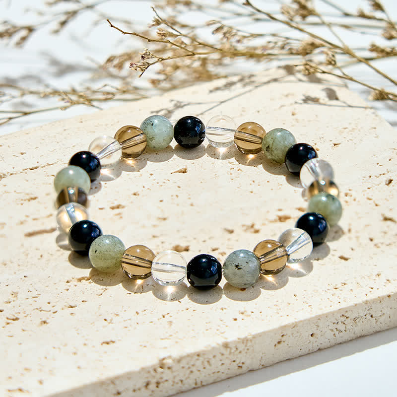 Olivenorma Clear Crystal Labradorite Obsidian Smoky Quartz Beaded Bracelet