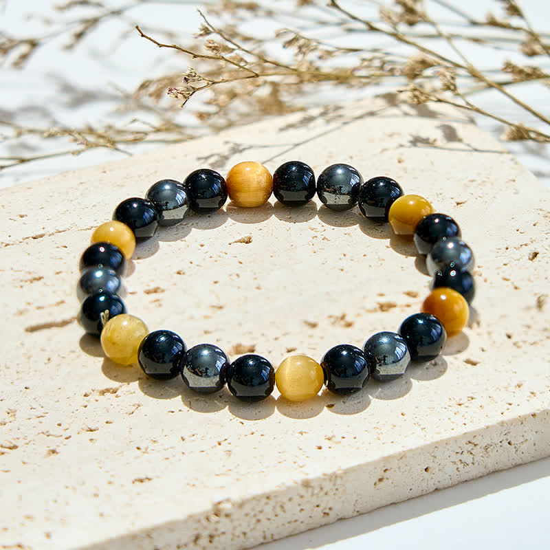 Olivenorma Yellow Tiger Eye Obsidian Hematite Beaded Bracelet