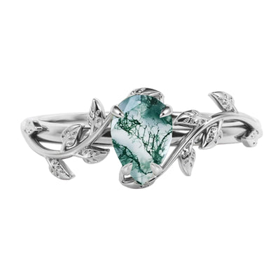 Olivenorma Pear Cut Moss Agate Twisted Leaf Engagement Ring