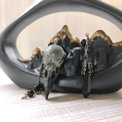 Olivenorma Viking Raven Skull Figurine Natural Obsidian Pendulum