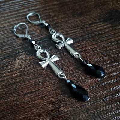 Olivenorma Obsidian Ankh Cross Charm Hook Earrings