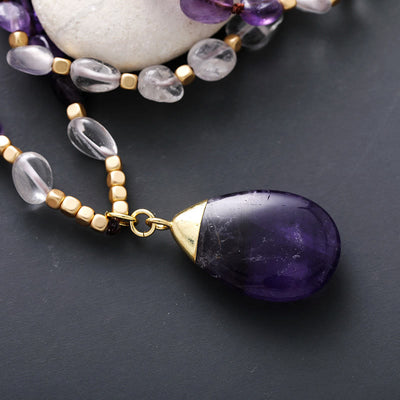 Olivenorma Natural Amethyst Pendant Charm Beaned Necklace