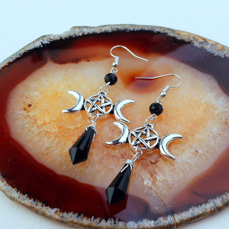 Olivenorma Witch Triple Moon Goddess Drop Obsidian Earrings