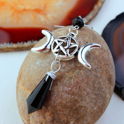 Olivenorma Witch Triple Moon Goddess Drop Obsidian Earrings