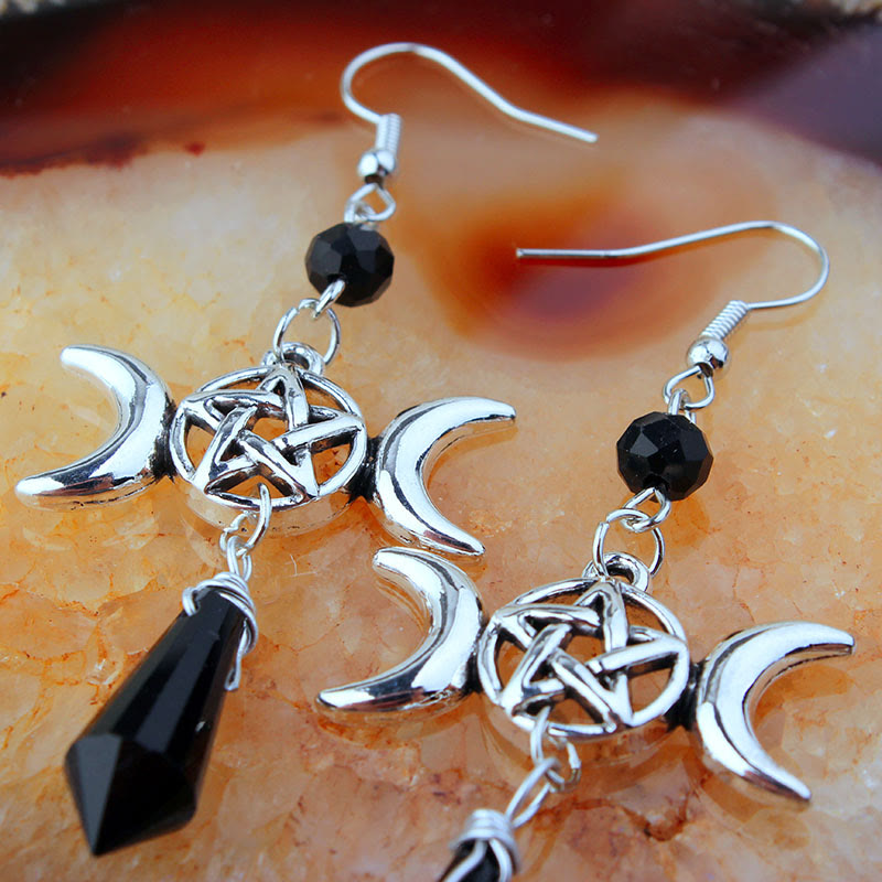 Olivenorma Witch Triple Moon Goddess Drop Obsidian Earrings