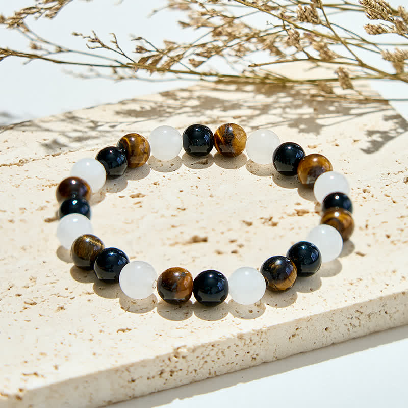 Olivenorma Tiger Eye Obsidian Clear Crystal Bead Bracelet