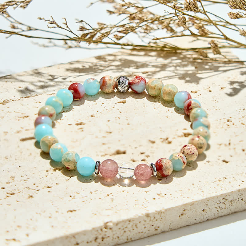 Olivenorma Natural Agalmatolite Strawberry Quartz Beads Bracelet