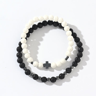 Olivenorma Black & White Lava Stone Cross Beads Bracelet Set