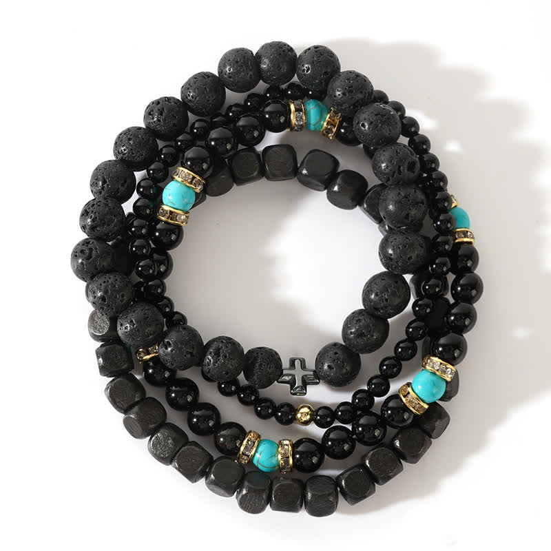 Olivenorma Black Natural Stone Beads 4 Layers Bracelet Set