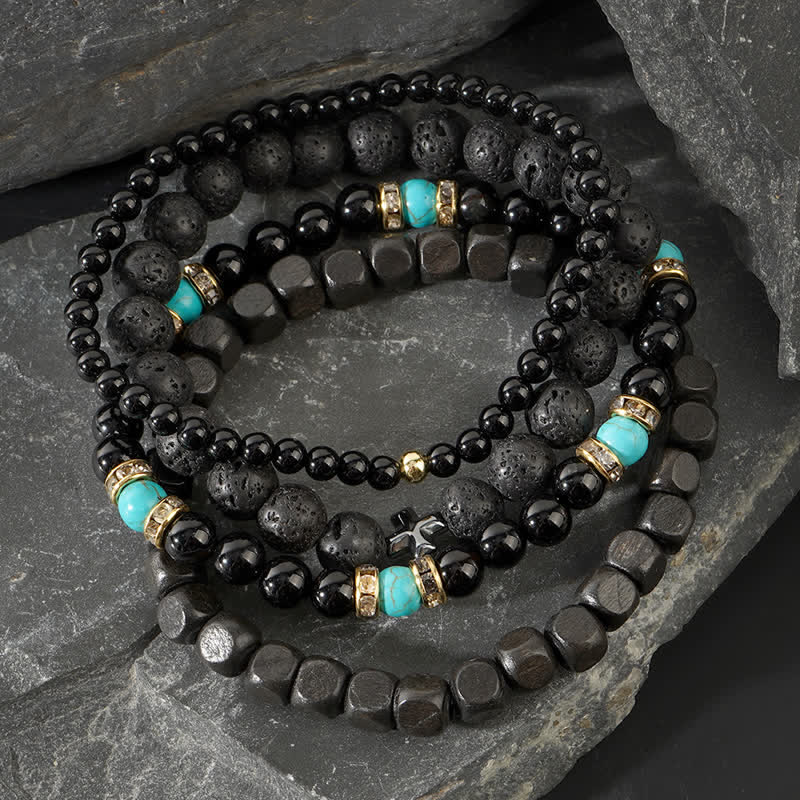 Olivenorma Black Natural Stone Beads 4 Layers Bracelet Set