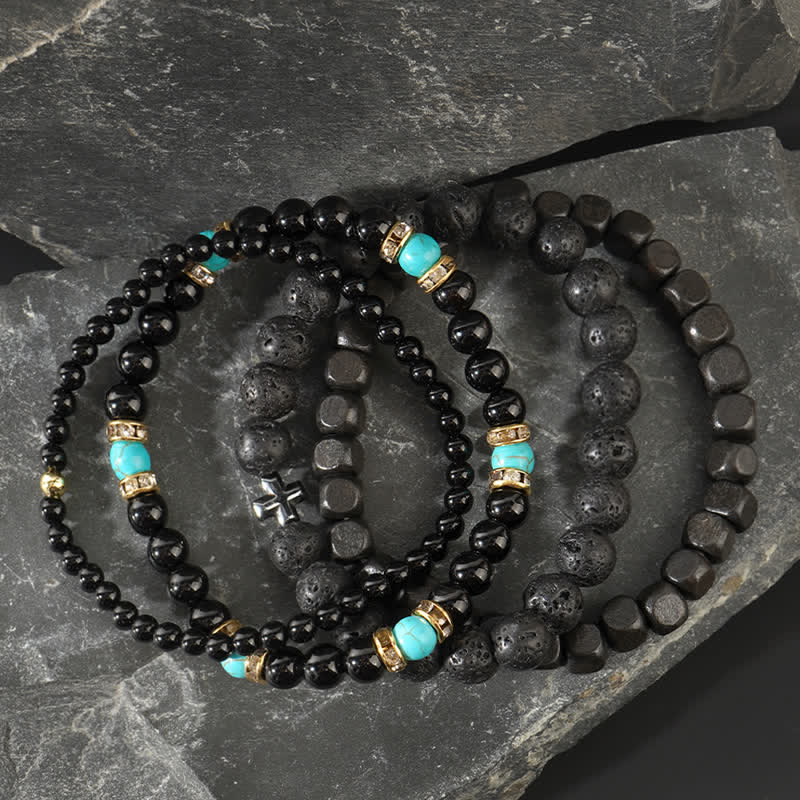 Olivenorma Black Natural Stone Beads 4 Layers Bracelet Set