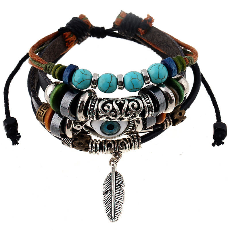 Olivenorma 5Pcs Bohemian Turquoise Leather Bracelet Set