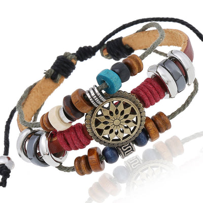 Olivenorma 3-Layer Hematite Leather Multi-layer Beaded Bracelet