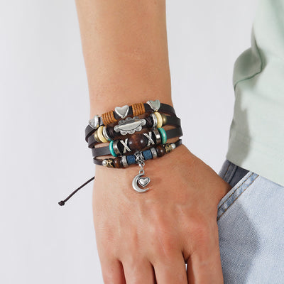 Olivenorma Moon Charms Multi Layered Beaded Leather Bracelets